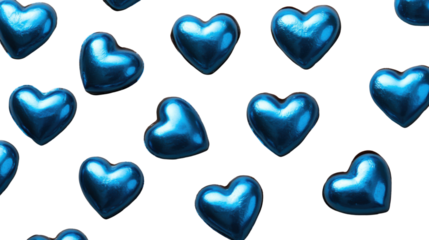 Shiny blue foil wrapped chocolate hearts candies on transparent background