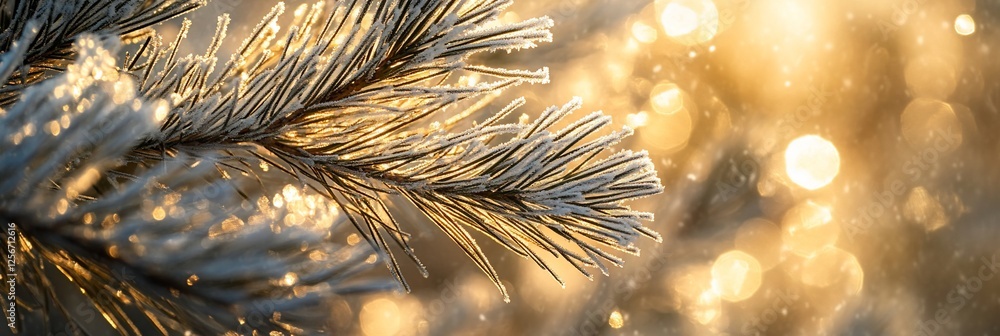 Poster close-up of a frost-covered pine branch with a bokeh background.