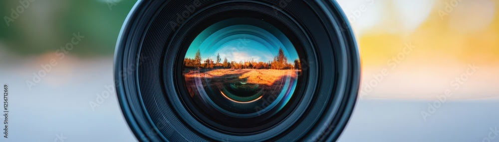 Poster closeup of a camera lens with a blur effect reflecting a vibrant landscape and colorful scenery