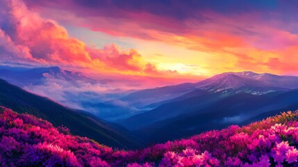 Majestic mountain landscape with vibrant rhododendron flowers at sunset evokes a sense of tranquility and adventure.