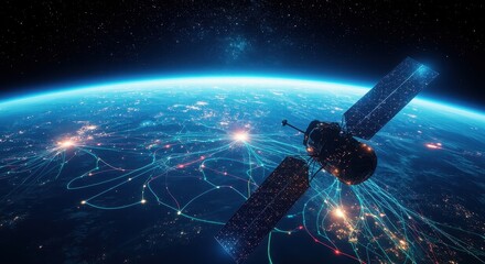 Global Cyber Network Connected to a Futuristic Satellite in Space.