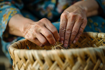 crafting techniques, detailed shot of a young european woman expertly weaving a simple basket, highlighting the intricate weaving technique