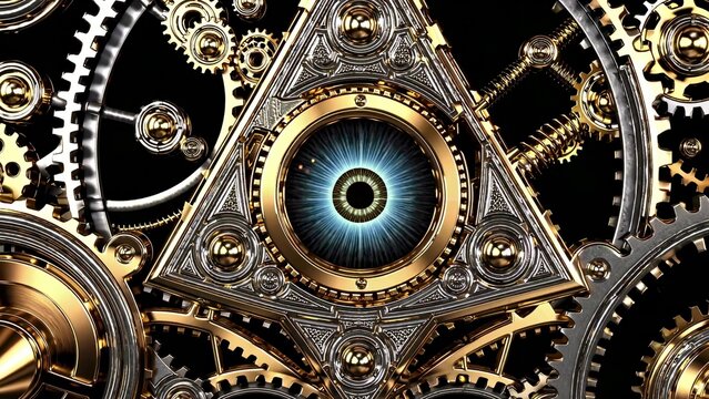 Glowing eye of providence nestled in a triangular frame, encircled by intricate gold and silver gears, symbolizes divine watchfulness and the mechanics of fate