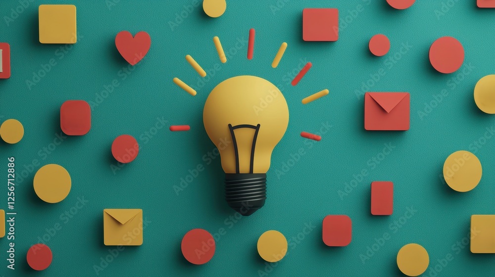 Poster light bulb surrounded by various shapes with colorful sparks and glowing light effects in dark backg