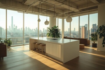 Modern kitchen island in sunlit, high-rise apartment overlooking city skyline.