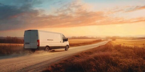 Obraz premium White van driving on a rural road at sunset.