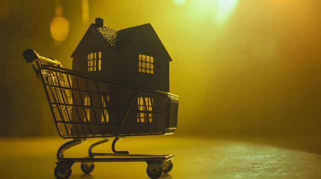 Miniature home in a shopping cart symbolizes modern consumerism and simplicity