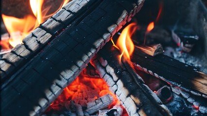 Fototapeta premium Bonfire with vibrant flames rising from burning wo