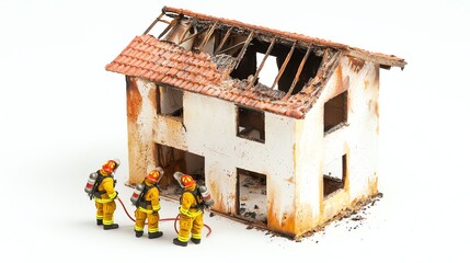 Miniature firefighters combating a fire at a damaged toy house, showcasing bravery and emergency response, isolated on a white background.