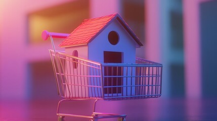 Miniature home in a shopping cart symbolizes modern consumerism and simplicity