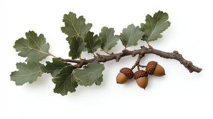 Obraz premium Oak branch with acorns and green leaves on white isolated background.