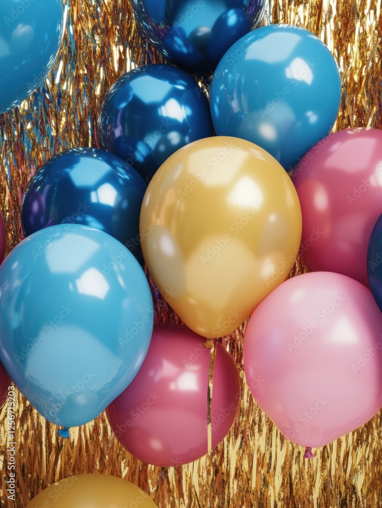 Poster festive backdrop featuring colorful balloons and shimmering tinsel perfect for celebrations and even