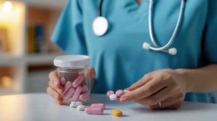 Female healthcare professional in blue scrubs holding a jar of pills and reviewing medication records