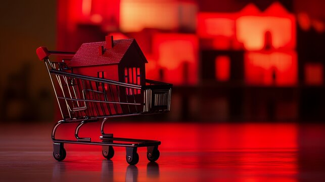 Miniature home in a shopping cart symbolizes modern consumerism and simplicity