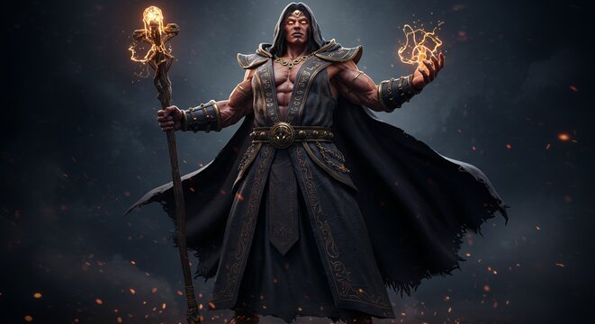 Muscular sorcerer wielding powerful magic and a glowing staff - Powered by Adobe