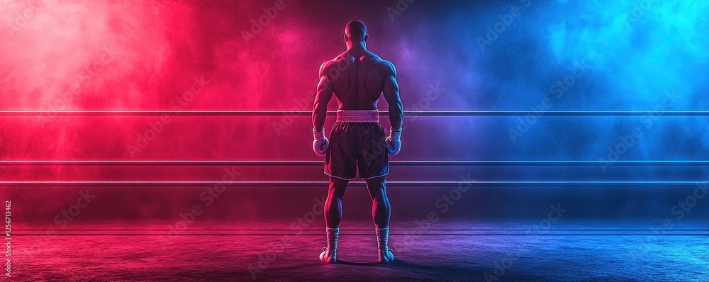 Poster man standing in boxing ring with backlighting and neon lights creating dramatic atmosphere