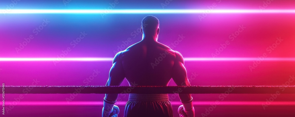 Poster man in front of neon colored background with backlit boxer at the edge of the ring in dramatic light