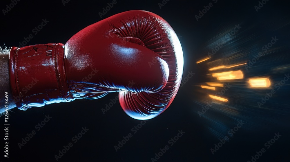 Poster red boxing glove punching with blurred motion on a black background in a dynamic action shot