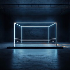 Abstract futuristic boxing ring with neon light and floating holograms in a modern interior room setting