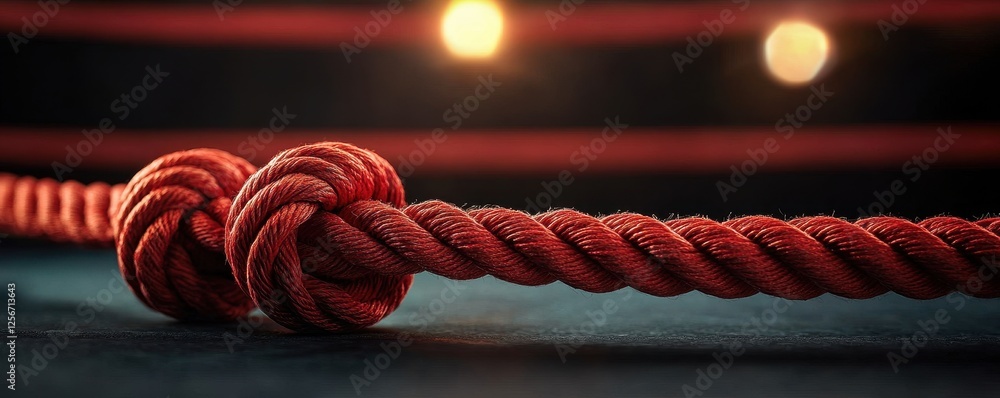 Poster close up of a rope knot with glowing red boxing ring ropes in sharp focus and blurred background