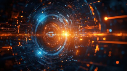 Abstract digital vortex with glowing blue and orange lights, showcasing futuristic technology and depth