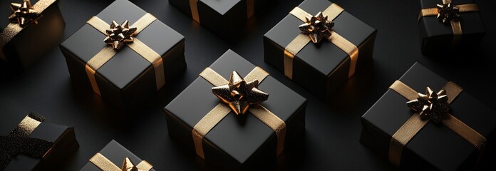 Elegant black gift boxes with gold ribbons and bows on a dark background.