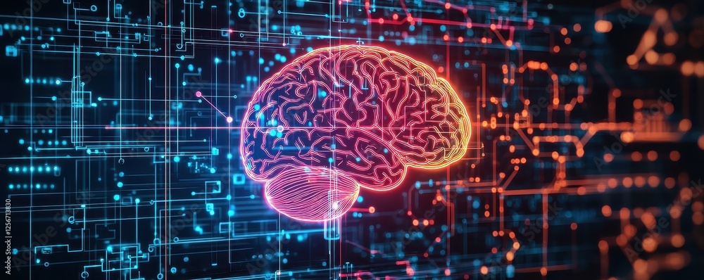 Poster human brain in digital circuit with neon x-ray scan and artificial intelligence connections