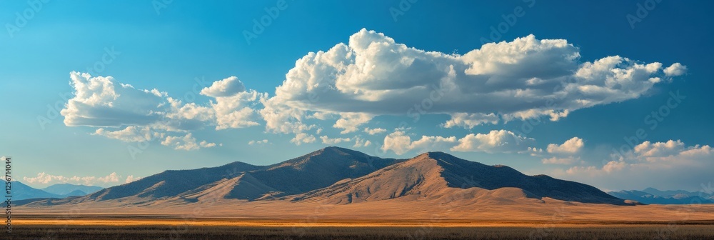 Aufkleber majestic mountain range under soft clouds and a clear blue sky offers tranquil blank space for text.