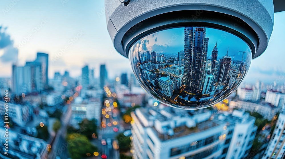 Poster surveillance camera view of a cityscape through a circular fisheye lens with high-tech features
