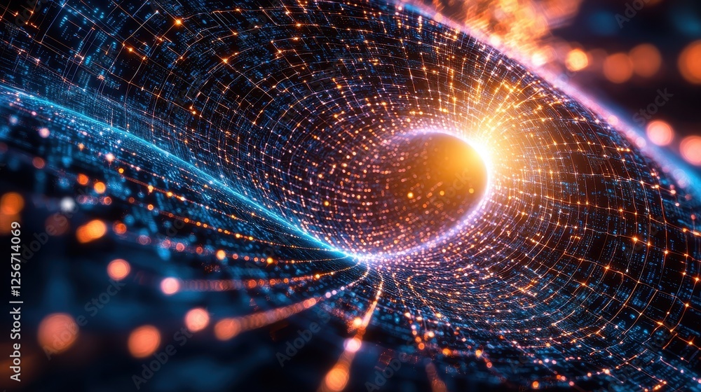 Aufkleber black hole with bright light and digital vortex of interconnected circles and lines in space