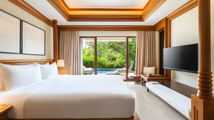 Tropical villa with modern bedroom and lush garden, blending clean design and natural serenity