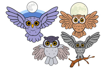 Cartoon, Hand drawing Wise Owl in Silent Flight Under Full Moon Isolated Background