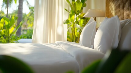 Tropical villa with modern bedroom and lush garden, blending clean design and natural serenity