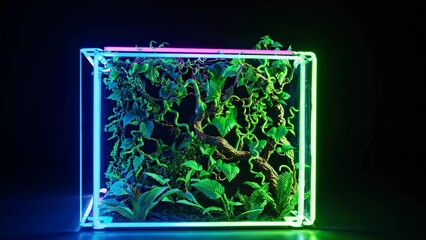 Vibrant display of green plants and vines thrives within a transparent glass box, illuminated by neon lights, creating a captivating contrast against a dark backdrop