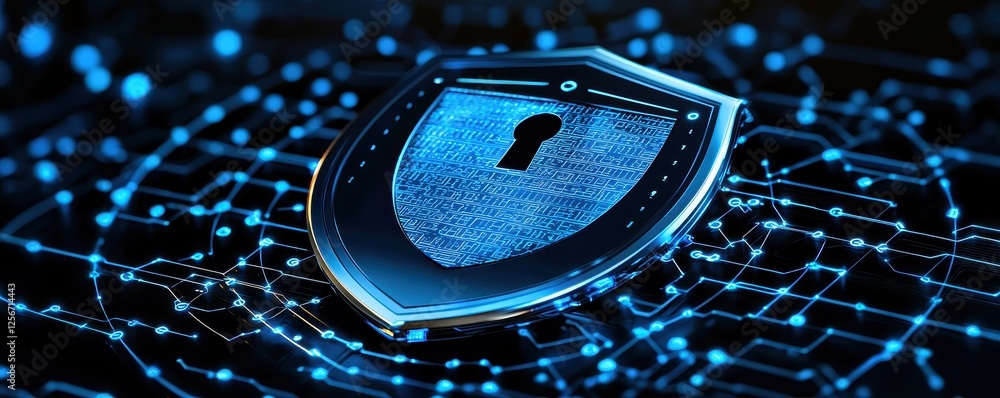 Poster futuristic security firewall concept with shield and lock symbolizing digital protection and cyberse