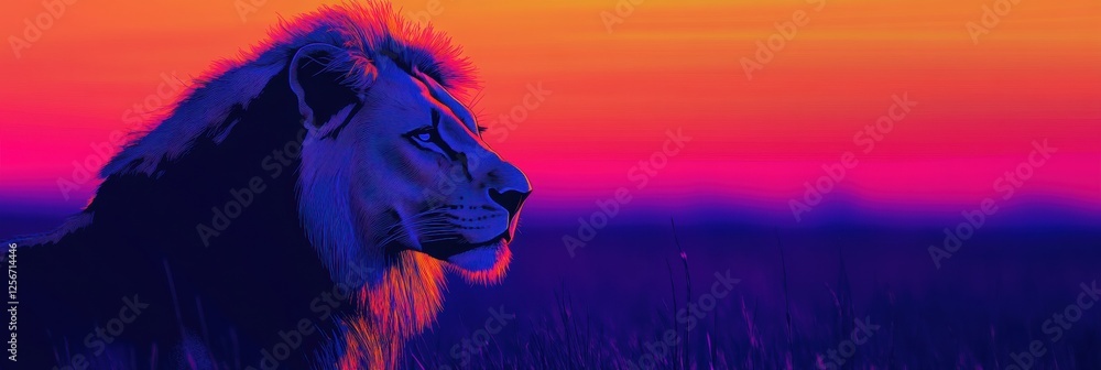 Poster vibrant pop art lion portrait against a bold savanna sunset with ample space for custom text. genera