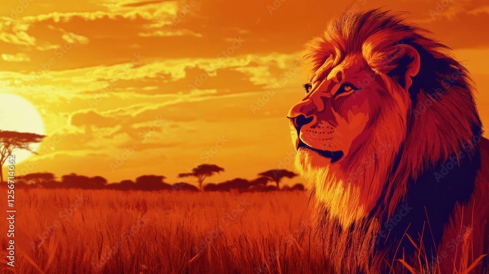 Poster bold pop art lion portrait against a vibrant savanna sunset with space for custom text. generative a