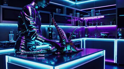 Chef wearing a futuristic metallic suit is preparing an exotic horned creature in a modern kitchen illuminated by vibrant neon lights, creating a scene of culinary innovation and science fiction