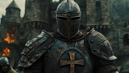 Medieval Knight in Armor before a Castle