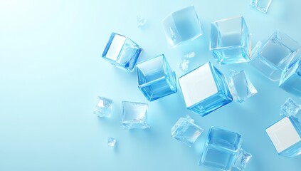Scattered translucent ice cubes on blue background.