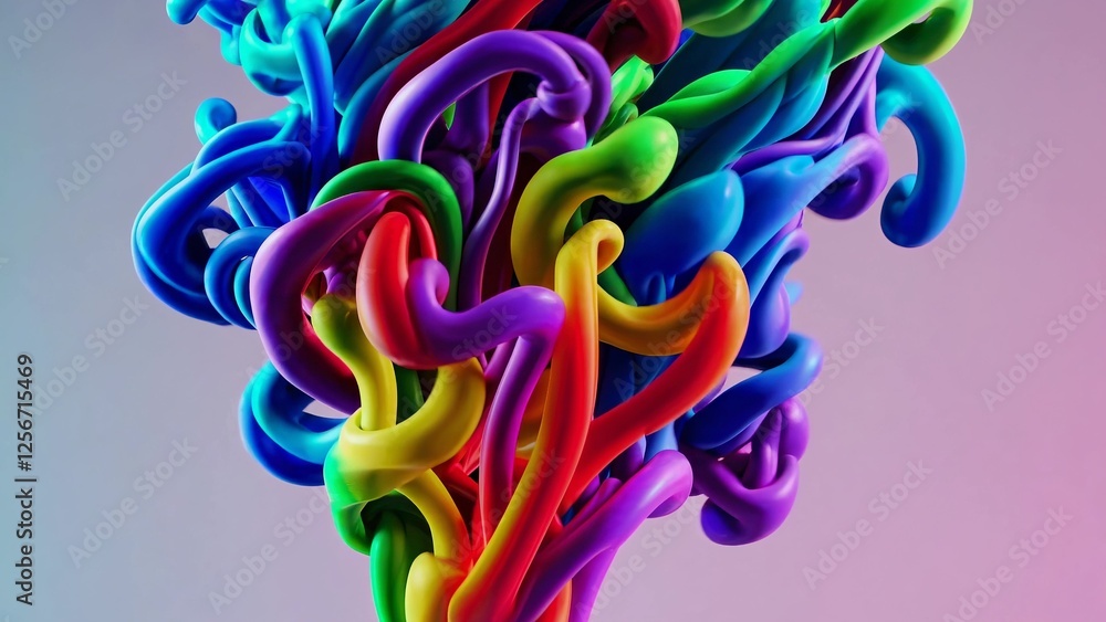 Poster intertwined rainbow colored plastic tubes are forming abstract shapes against a gradient background,