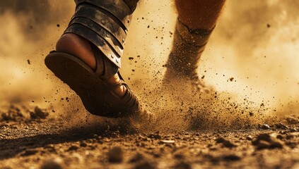 Gladiator's powerful stride, sand and dust rising with each step, ancient battleground, epic historical scene.