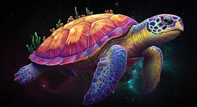 Colorful turtle swimming gracefully in space with coral on shell