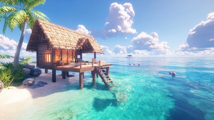 Tropical Beach Hut Overlooking Calm Crystal Clear Waters and Sky