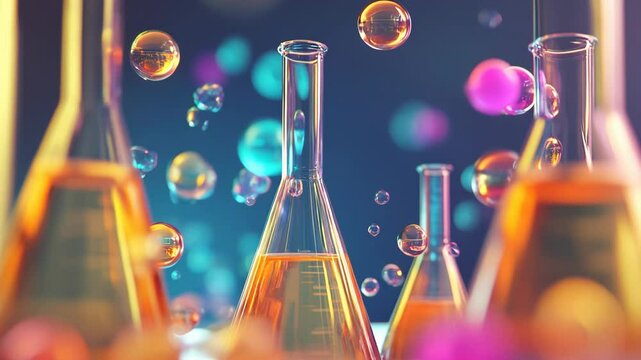 Colorful laboratory scene with glass flasks filled with vibrant liquids, surrounded by floating bubbles. Futuristic artistic representation of chemistry, science, molecular research in surreal setting