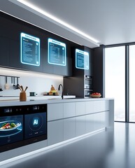 A high-tech kitchen equipped with AI-powered holographic displays showing interactive cooking recipes, reflecting the future of smart home automation and advanced digital culinary experiences

