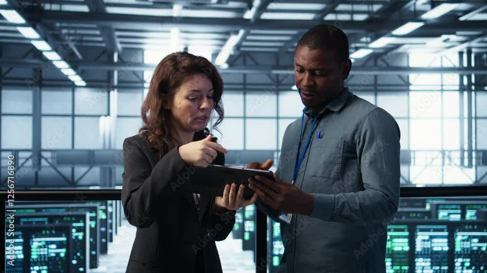 Poster computer scientists in data center using tablet to develop disaster recovery plans. it professionals