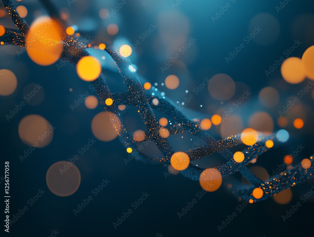 Poster abstract dna double helix structure with glowing particles.