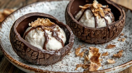Chocolate dessert with creamy ice cream and crunchy toppings