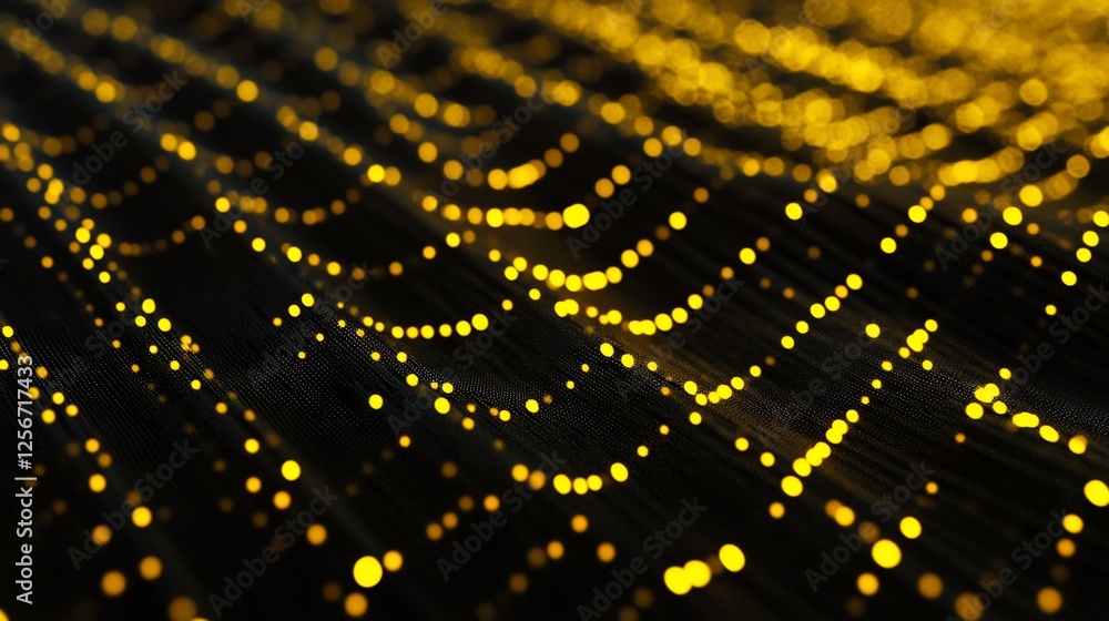 Aufkleber abstract background with golden glowing particles flowing in wavy lines on a dark surface.